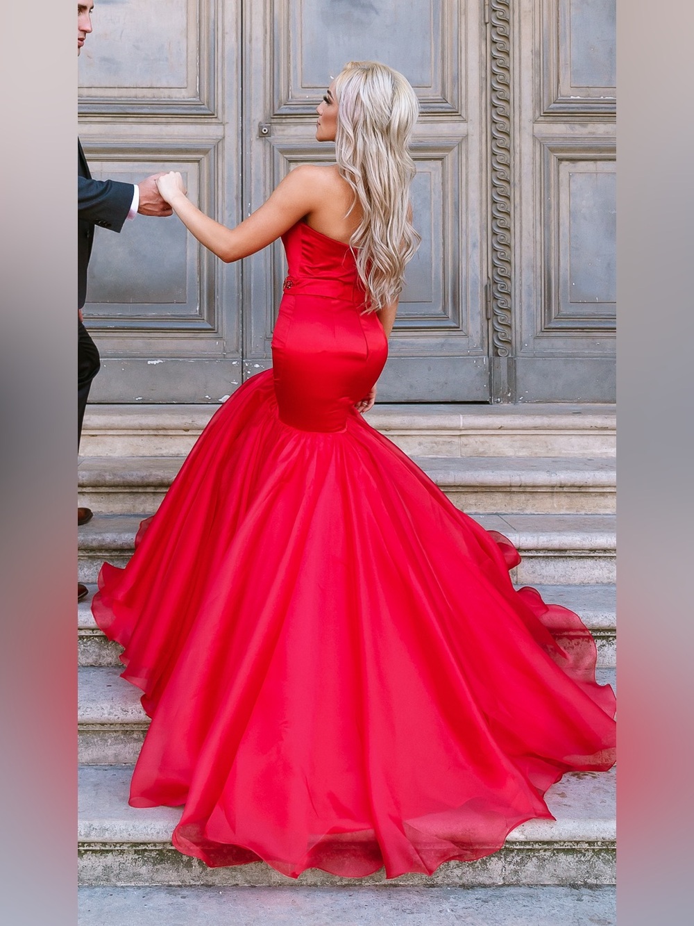 Sherri Hill Strapless Red Mermaid Ball Gown